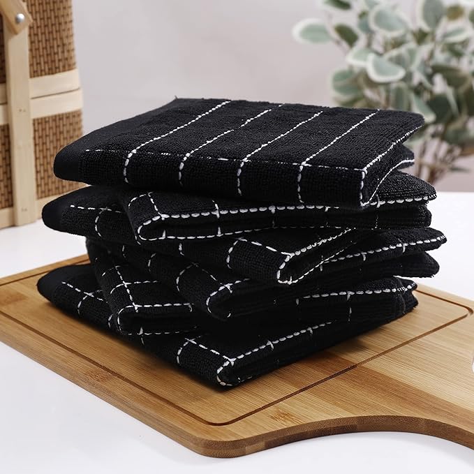 Homaxy 100% Cotton Terry Kitchen Dish Cloths, Ultra Soft and Absorbent Dish Towels for Kitchen, Suitable for Drying and Washing Dishes, 24 Pack, 12 x 12 Inches, Black