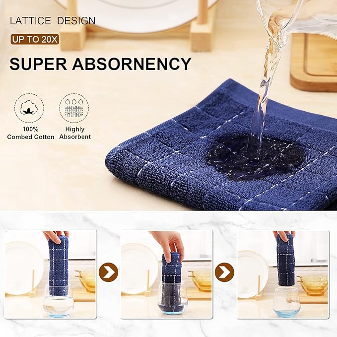Mordimy 100% Cotton Terry Cloth Kitchen Towels, Super Soft and Absorbent Dish Towels for Drying, Checkered Designed Hand Towels for Kitchen, 16 x 26 Inches, 4 Pack, Navy