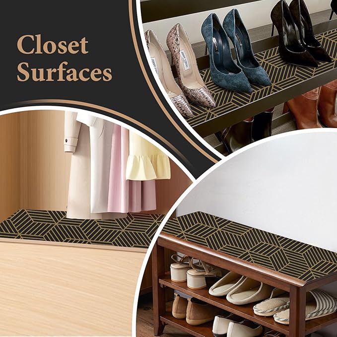 Shelf Liners for Kitchen Cabinets 17in x 30FT, Non Adhesive Cabinet Liner Strong Non-Slip Black Gold Geometric Drawer Liner, Easy to Clean for Shelf, Cabinet with Knife and Tape Measure