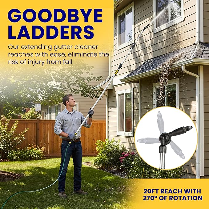 20ft Reach Telescopic Gutter Cleaning Tools from the Ground – Rain Gutter Cleaner with Heavy Duty Bendable Wand, Hose Attachment, Extension & Connecting Adapter | O-Ring Leak Proof Design