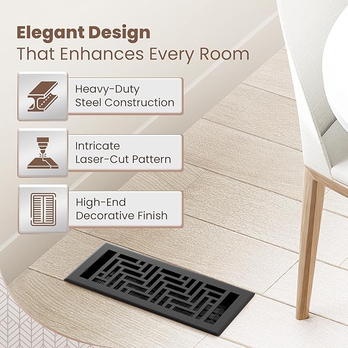 Floor Register 4x10 Vent Cover – Heavy-Duty Steel, Rustproof & Walkable Grates, Easy Drop-in Install, Adjustable Air Supply Switch - Decorative Herringbone Design, Textured Black