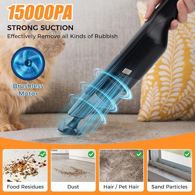 Handheld Vacuum Cordless, 15KPA High Power Suction, USB Quick Charge, Car Vacuum Cleaner with Storage Dock, Lightweight Rechargeable Dust Buster with Crevice Tool & Pet Brush Hand Vac for Home, Black