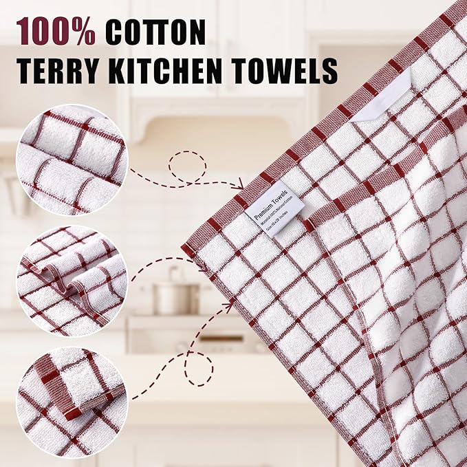 Homaxy Premium Kitchen Towels(16”x 28”, 6 Pack), Large Ring Spun Cotton Dish Towels, Super Absorbent Soft Terry Kitchen Hand Towels, Check Design Tea Towel Set with Hanging Loop, Red