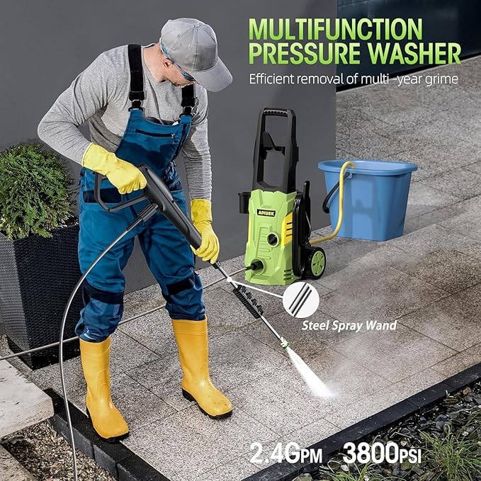 Electric High Pressure Washer - Portable Washer with 23 FT Water Outlet & 6.6 FT Inlet Hose, Steel Spray Wand, Foam-Adjustable Cannon, 4 Nozzle Set, Cleans Car/Patio/Fence/Window, 3800PSI 2.4GPM