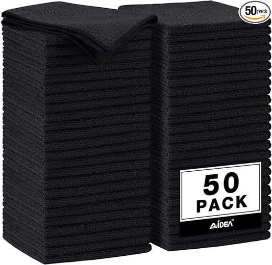 AIDEA Microfiber Cleaning Cloth Black 50PK, Microfiber Towels for Cars, Premium Car Cloths, Dusting Cloth Lint Free Cleaning Rags for SUVs, House, Kitchen, Window, Workshops,11.5×11.5"