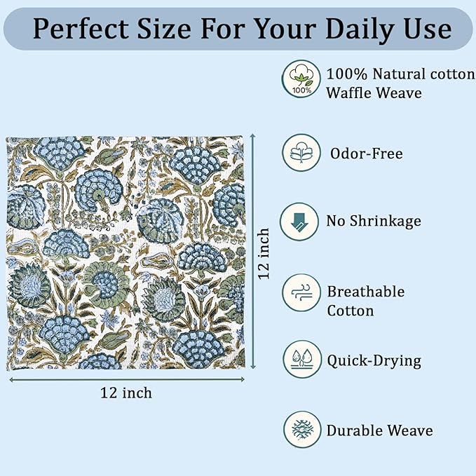Ridhi Asparagus Green Hand Block Print Cotton Waffle Dish Cloth Set of 12-12x12 Inch Super Absorbent, Soft, Reusable Kitchen Towels for Dish Drying Cleaning, Ideal for Spring, Easter, Valentine
