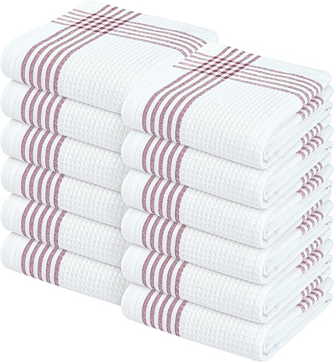 Waffle White & Burgundy Wine Dish Towels Set of 12, 100% Cotton, 16x26 inches, Reusable Cleaning Cloths for Drying Dishes, Quick Dry Kitchen Towel, Durable for Heavy-Duty Use