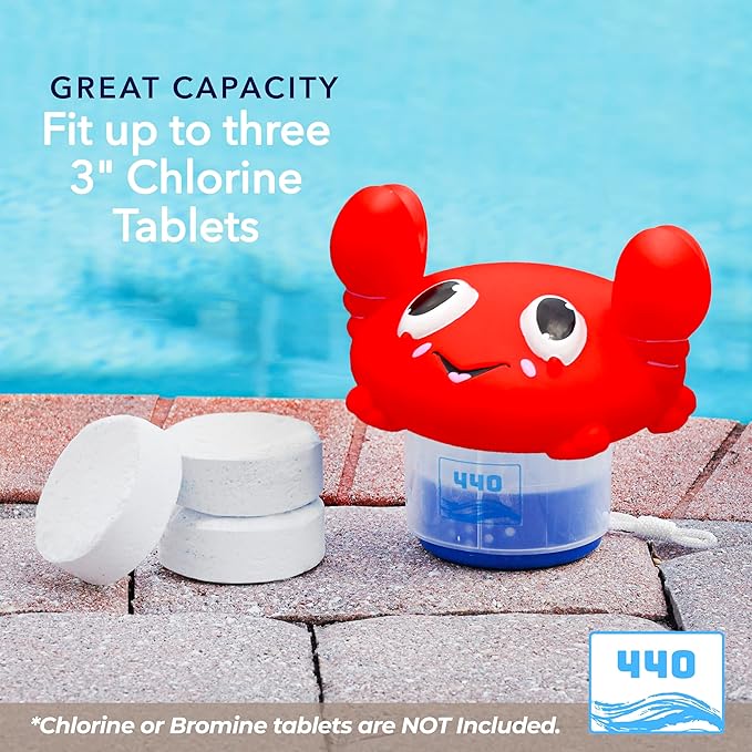 440 Pool Chlorine Floater Dispenser, Fits Up to 3 Pieces of 3-Inch Chlorine Tabs, Adjustable Flow, Control, Heavy-Duty Plastic - Suitable for Small & Large Pools - 8 Ounces | Cartoon Crab
