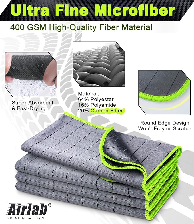 Airlab Magic Cleaning Cloth Window Glass Cleaner Carbon Microfiber Towels Kitchen Bathroom Lint Free Rags Car Wipes Drying Auto Detailing, Pack of 4, 20" x 16", Grey-Green