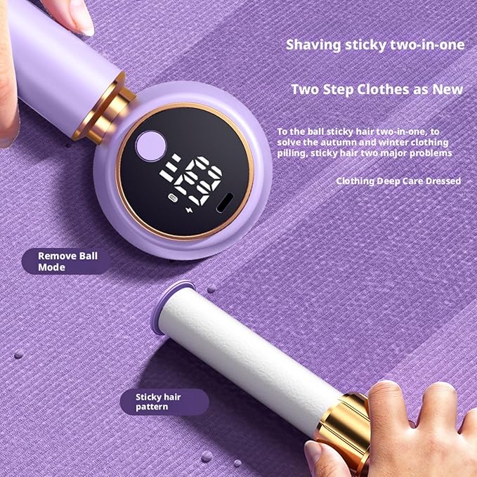 New Fabric Shaver and Lint Remover 2-in-1, Rechargeable Electric Clothes Defuzzer with LED Display, 6 Blades & 3 Speeds for Sweater, Blanket, Furniture (Purple)