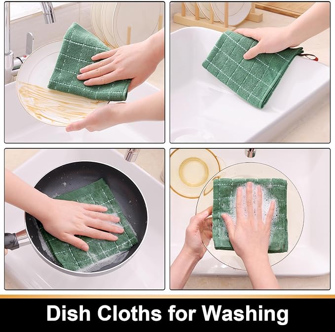 Mordimy 100% Cotton Terry Cloth Dish Cloths, Soft and Absorbent Checkered Dish Towels, Quick Drying Dish Rags for Washing Dishes, 8 Pack, 12 x 12 Inches, Grass Green