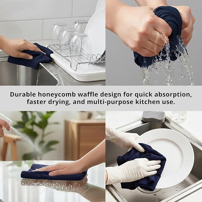 PurpleEssences Dish Cloths and Dish Rags - 6 Pack Waffle Weave Solid Kitchen Dish Wash Cloths, 100% Cotton, 12 x 12 Inches, Ultra Soft Absorbent Quick Drying - Christmas Holiday Winter - Navy Blue