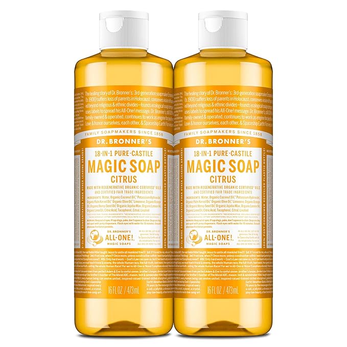 Dr. Bronner's Pure-Castile Magic Liquid Soap (Citrus, 16 Ounce, 2-Pack)- Made with Regenerative Organic Certified Oils, 18-in1 Uses: Face, Hair, Hand & Body Soap, Laundry, Pets- Concentrated, Vegan