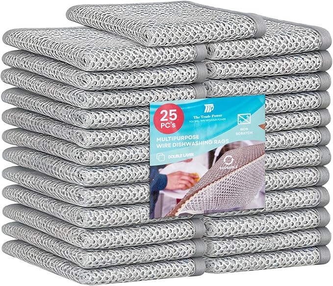 Non Scratch Wire Dishcloths-Upgraded Multiple-Layer Steel Wool Dish Rags Multipurpose Wire Dishwashing Rags Quick-Dry Odor-Free Wire Cloth Cleaning Rags Home Essentials Tools Size (7.87 x 7.87)25 PC's