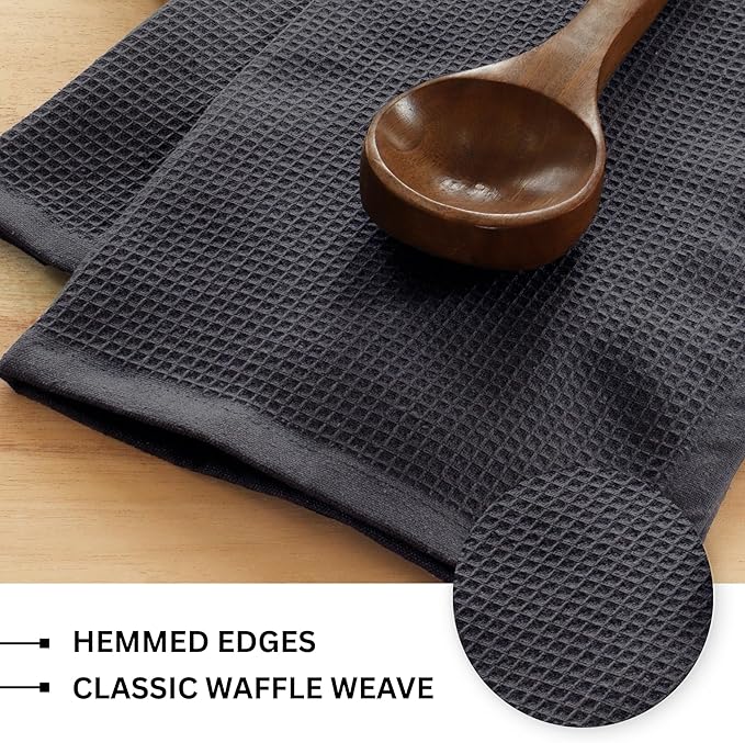 PurpleEssences Waffle Weave Kitchen Towel, 100% Cotton 15x25 Inches, with Hanging Loop Soft Absorbent Quick Drying Dish Cloth, Tea and Hand Towels, 6 Pack - Christmas Holiday Winter - Dark Grey