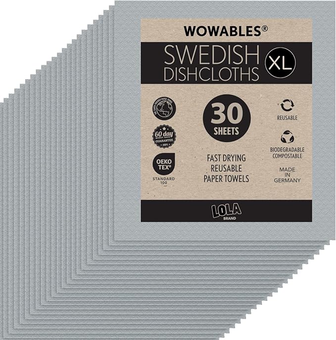 LOLA Swedish Dishcloths for Kitchen XL, 30 Sheet Roll, Biodegradable & Compostable, Reusable Paper Towel Cleaning Cloths, 11" x 10", No Odor, Washing Dishes, Ultra Absorbent Cellulose Sponge Towel