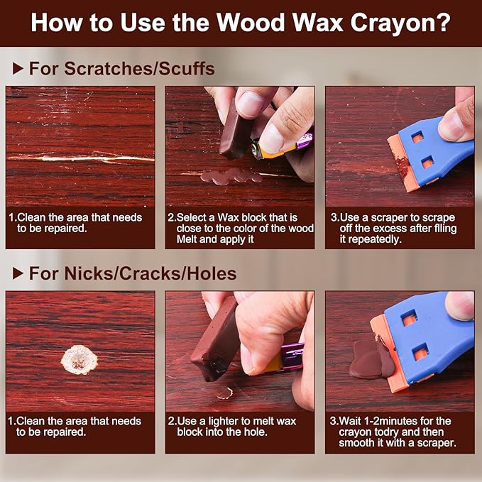 Wood Filler Waxs - 6 Colors Hardwood Floor Scratch Repair Kit, Upgrade Laminate Floor Repair Kit, Vinyl Wood Floor Repair Kit, Furniture Wood Crayons for Scratche Nail Holes Floors Cabinets Doors