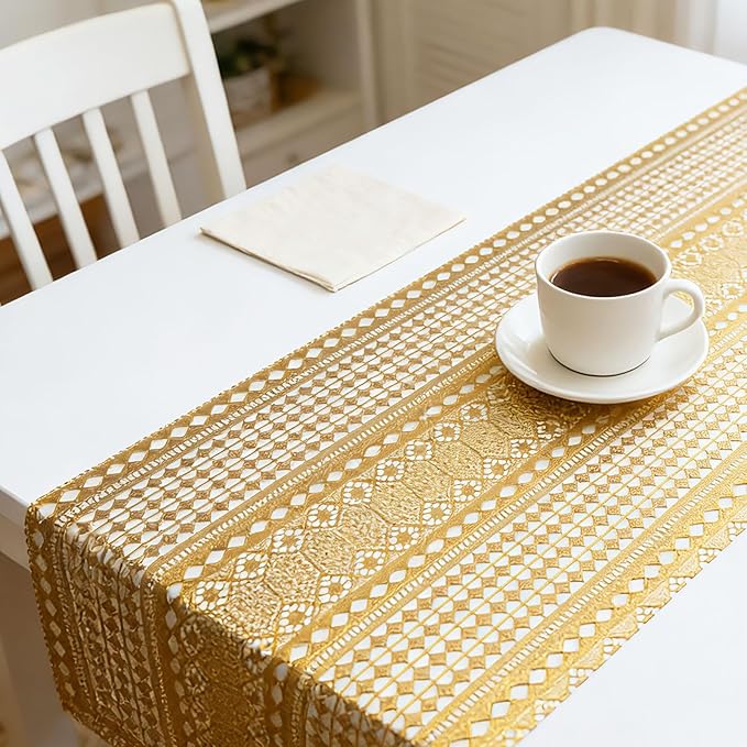 Drawer and Shelf Liner - Gold Geometric Lace Pattern,Non Adhesive Non Slip Waterproof Easy-Clean Shelf Liner for Kitchen Cabinet, Refrigerator, Bathroom, Pantry Storage Drawers, 12 in x 10 Ft