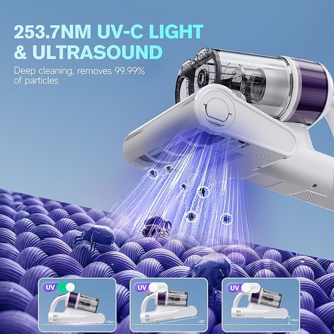 Mattress Vacuum Cleaner, Ultrasonic Bed Vacuum Cleaner with 18Kpa Strong Suction, 150°F Heat & 253.7nm UV-C Light, Intelligent Dual Cup, One-Click Dust Removal for Bed, Sofa, Pet Hair, White