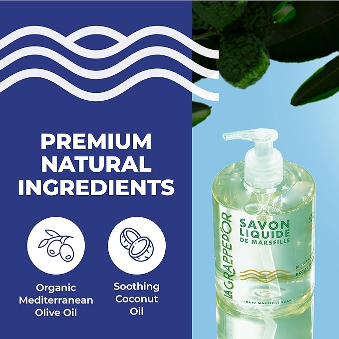La Grappe d'Or Royal Bergamot Marseille Hand Soap with Essential Oils | Handmade in France from Moisturizing Organic Olive & Coconut Oil | Natural, Cruelty-Free & Vegan, 16.90 oz Liquid