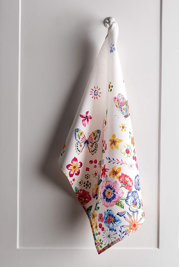 Maison d' Hermine Kitchen Towels Set of 3 100% Cotton 27.50" x 20" Reusable Cloth Tea Dish Towels Absorbent with Hanging Loop for Kitchen, Cocktail Parties Spring/Summer (Happy Florals - High Summer)