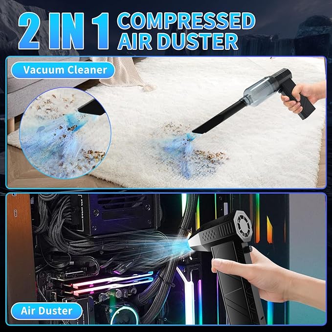 VVICOGARD Compressed Air Duster, 2 in 1 150000RPM Stepless Speed Electric Air Duster and Vacuum Cleaner, 8000mAh Rechargeable Powerful Air Blower for PC, Keyboard, Car, Outdoor