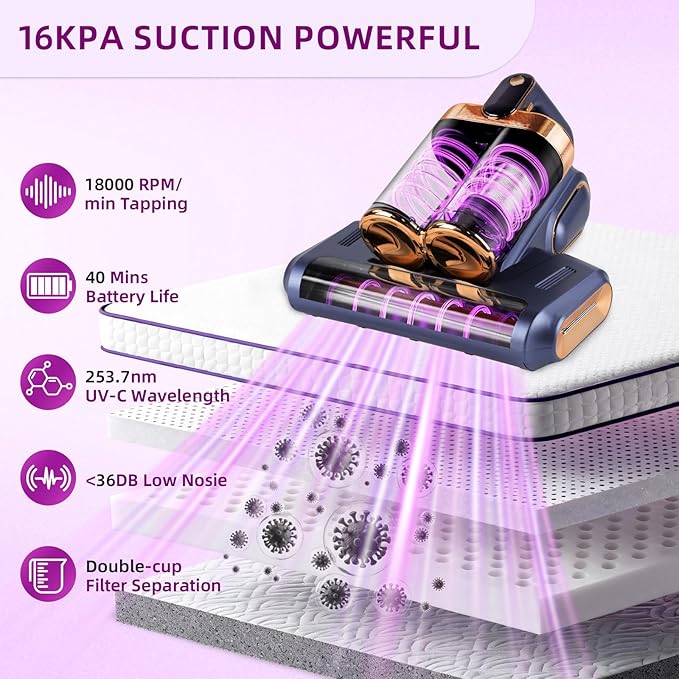 Mattress Vacuum Cordless with 16Kpa Suction & HEPA Dust Cups, 253.7nm UV-C Light & Ultrasonic, Low Noise Widened Suction Port Handheld Vacuum for Bed Pillows Couch Car Seat Rugs, Deep Blue