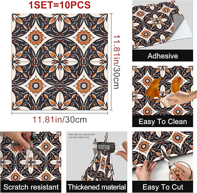 10PCS 12x12 Inch Retro Orange Black Peel and Stick Floor Tiles Removable Self Adhesive Vinyl Flooring Stickers for Kitchen Entryway Dining Room Home Decor