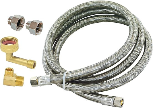Eastman Dishwasher Installation Kit, 12 Ft Braided Stainless Steel Supply Line with Adapters, 3/8 Inch Compression Ends, 69008