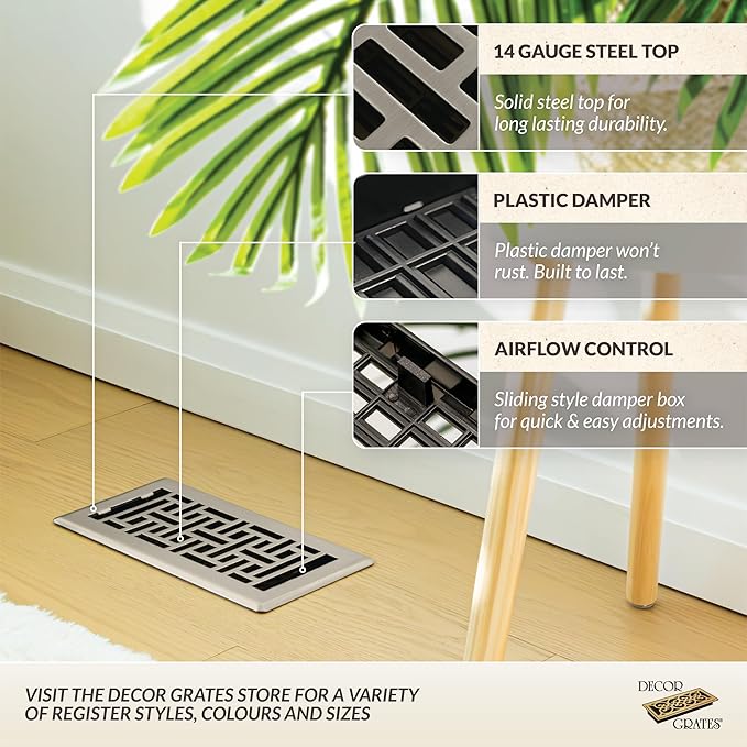 Decor Grates AJH410-NKL Floor Register, 4" x 10", Nickel
