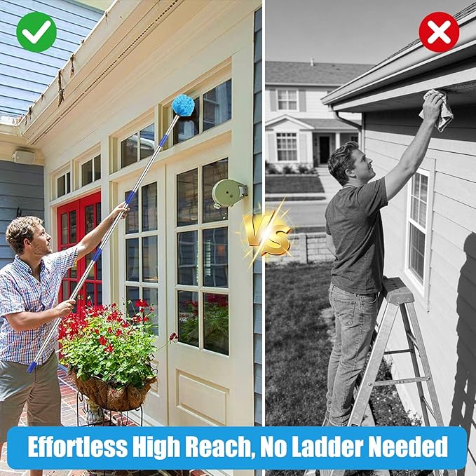 Cobweb Duster with Extension Pole, 10 FT Long Duster for High Ceilings, Walls, Medium Stiff Bristles Cobweb Brush with Lightweight Stainless Steel Pole for Outdoor Indoor Cleaning
