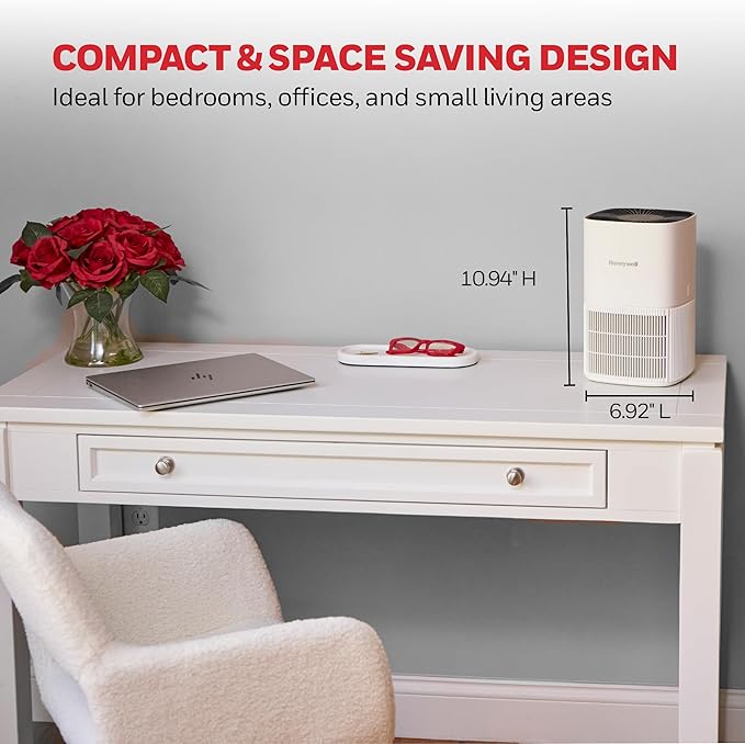 Honeywell AllergenPlus HEPA Air Purifier for Home, 530 Ft² Rooms in 1 hour, 3-in-1 Filter, Compact Design, Auto Mode, Reduces Allergens, Dust, Pollen, Smoke, Pet Dander, Odors, White, HPA125W