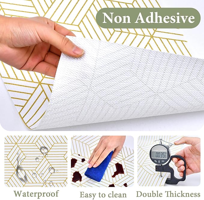 Shelf Liners for Kitchen Cabinets 12in x 20FT, Non Adhesive Cabinet Liner Strong Non-Slip Thickened Gold Geometric Drawer Liner, Easy to Clean for Shelf, Cabinet with Knife and Tape Measure