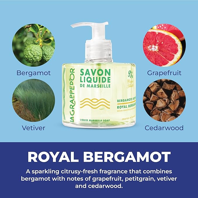 La Grappe d'Or Royal Bergamot Marseille Hand Soap with Essential Oils | Handmade in France from Moisturizing Organic Olive & Coconut Oil | Natural, Cruelty-Free & Vegan, 11.10 oz Liquid