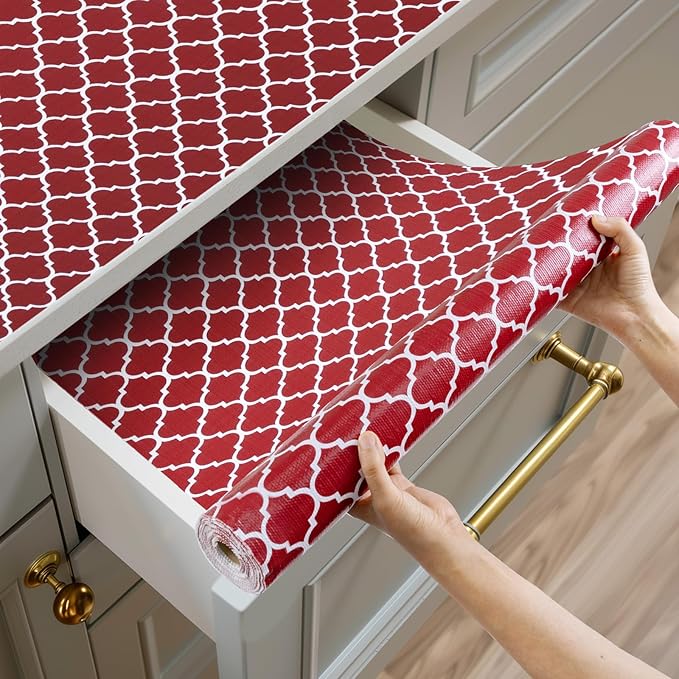 Shelf and Drawer Liner for Kitchen Cabinets Non-Adhesive, Strong Grip Non-Slip Thickened Cabinet Liners for Shelves, Waterproof Mats for Dresser Cupboard, Red/White, 17 in x 10 Feet