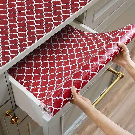 Shelf and Drawer Liner for Kitchen Cabinets Non-Adhesive, Strong Grip Non-Slip Thickened Cabinet Liners for Shelves, Waterproof Mats for Dresser Cupboard, Red/White, 17 in x 20 Feet