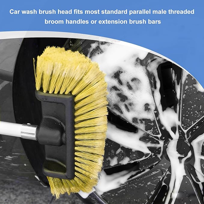 10" Car Wash Brush Head, Flow-Thru Cleaning Brush Head with Soft Detailing Bristles, Scratch Free Washing Scrub Brushes Replacement for 3/4-Inch Threaded Poles, Car Accessories (Yellow)