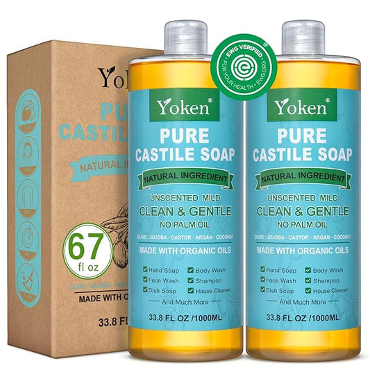 Pure Castile Soap Liquid Unscented 67 fl oz Castile Liquid Soap Made With Organic Oil, Clean & Gentle, No Palm Oil, Vegan, Natural Castille soaps for Face Body Hand Wash, Dishes Multi-purpose