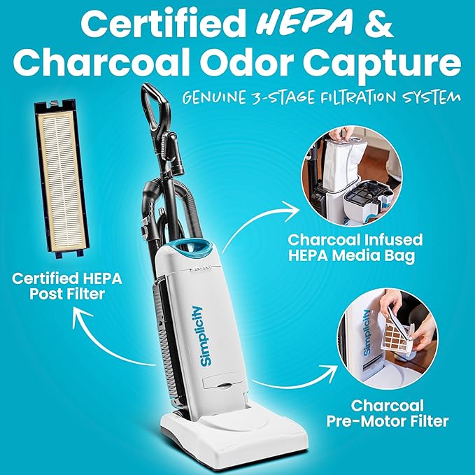 Simplicity Vacuums Premium Allergy Upright Vacuum Cleaner – Multi-Surface Bagged Vacuum Cleaner for Home with Charcoal HEPA Filter Media, Powerful Pet Hair Pickup, Brushroll Activation Switch, S26