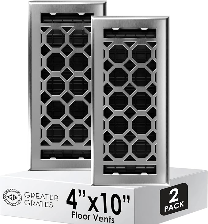 Floor Register 4x10 Vent Cover – 2 Pack – Heavy-Duty Steel, Rustproof & Walkable Grates, Drop-in Install, Adjustable Air Supply Switch - Decorative Honeycomb Design, Brushed Nickel