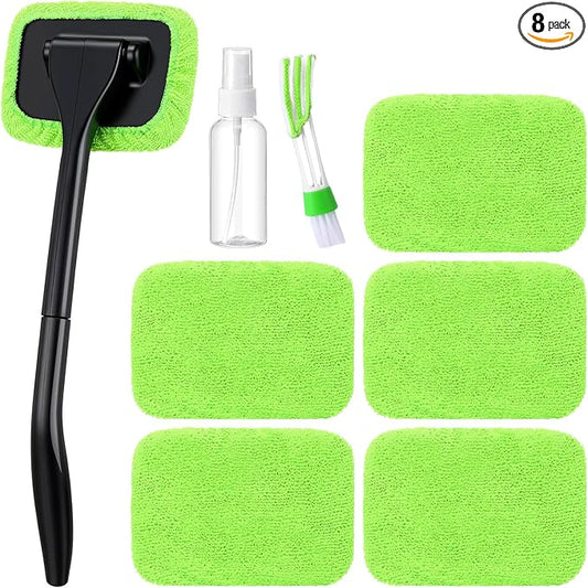 8 Pcs Car Windshield Cleaner Tool Kit with Removable Handle, Microfiber Towel Pads, Brush, Empty Spray Bottle for Auto Glass Wiper Suvs Rvs & Home Windows(Green)