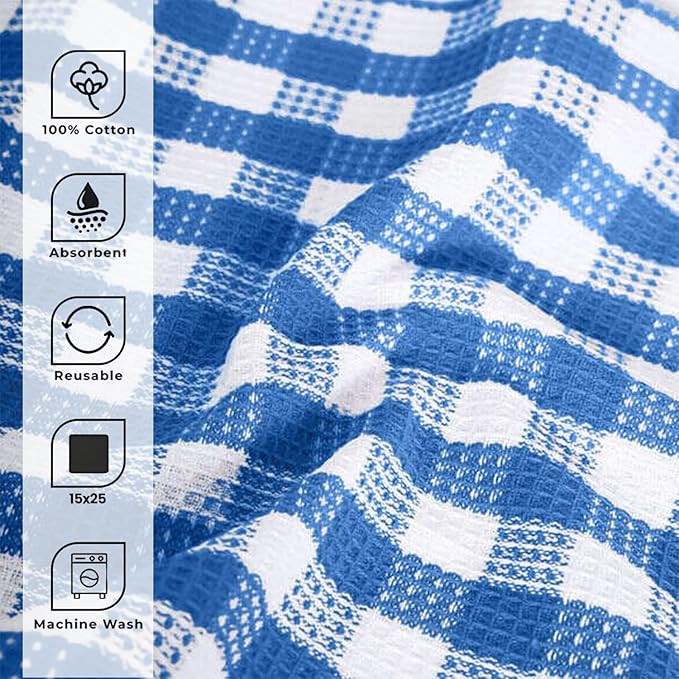 Blue Needles Waffle Weave Check Plaid Kitchen Towels, 15x25 Inches 100% Cotton Set of 6 Dish Towels for Kitchen, Soft & Absorbent for Quick Drying with Hanging Loop Spring Summer - Sky Blue & White