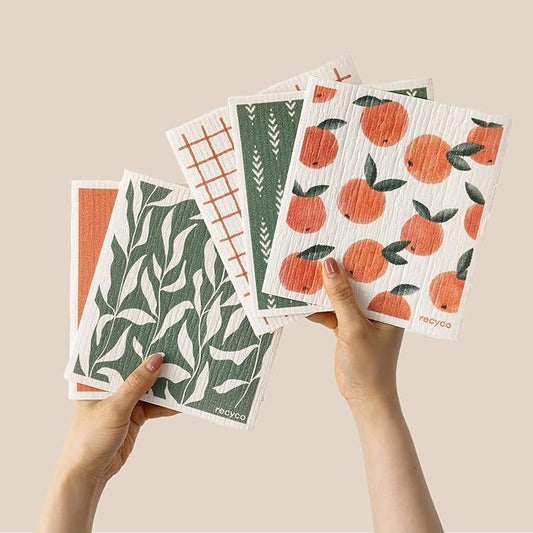 RECYCO Swedish Dishcloths for Kitchen | 5 Pack Peachy Leaves Washable Dish Rags | Cellulose Reusable Cleaning Paper Towels | Absorbent Counter Dish Cloth Sponge Kitchen Wipes, 8" L x 7" W