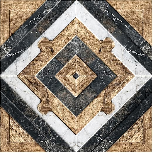 Nuxovilar Peel and Stick Vinyl Floor Tiles, 12x12 Inch Geometric Wood & Marble Mosaic Pattern, Self-Adhesive Flooring (10 Pcs)