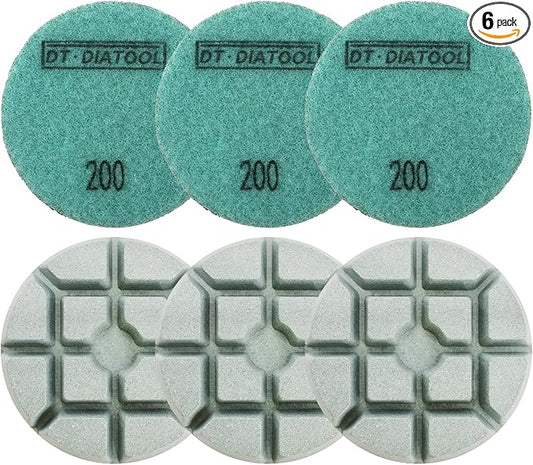 DT-DIATOOL 3 Inch Diamond Polishing Pads, 6pcs #200 Wet Polishing Hook and Loop Pads for Concrete Countertop