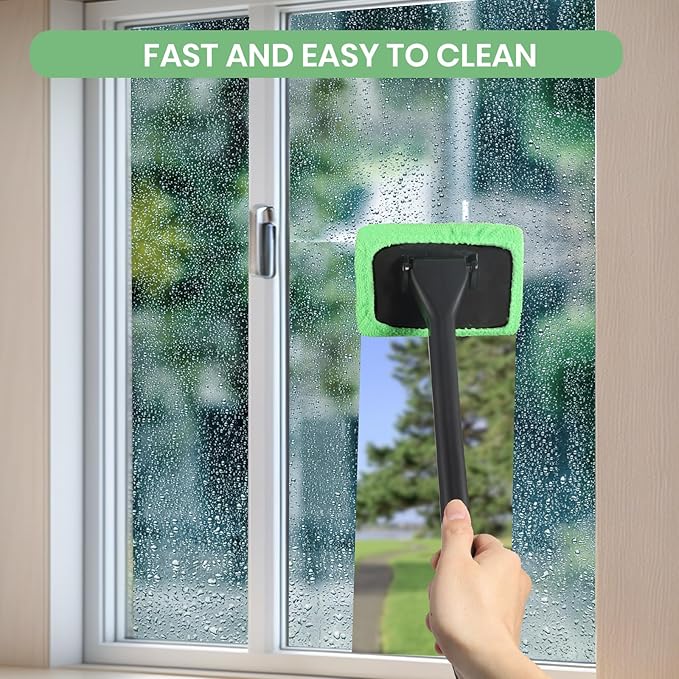 6PCS Windshield Cleaning Tool Car Window Cleaner with 5 Reusable and Washable Microfiber Pads and Extendable Handle Auto Inside Glass Wiper Kit Green (Green)