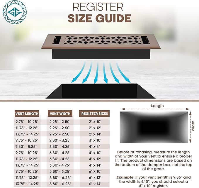 Floor Register 4x10 Vent Cover – Heavy-Duty Steel, Rustproof & Walkable Grates, Easy Drop-in Install, Adjustable Air Supply Switch - Decorative Floral Design, Satin Bronze