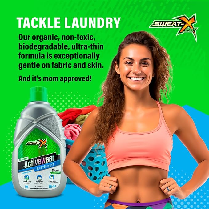 SWEAT X Original Activewear Laundry Detergent Liquid - Natural Washing Detergent for Activewear & Gym Clothes - Non Toxic Laundry Detergent for Sensitive Skin - Concentrated, 45 Loads (2 Bottles)