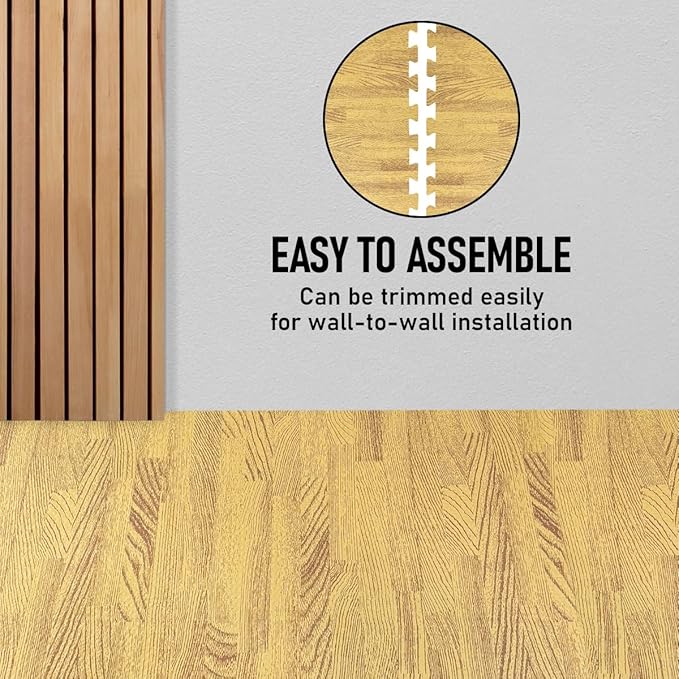 HomeCube USA 3/8 Inch Thick Interlocking Wood Grain Foam Floor Tiles for Home, Office, Workout Equipment Space, Commercial Areas, Anti-Fatigue Flooring Padding 24x24 in., Medium Oak 32 SQ Ft - 8 Tiles