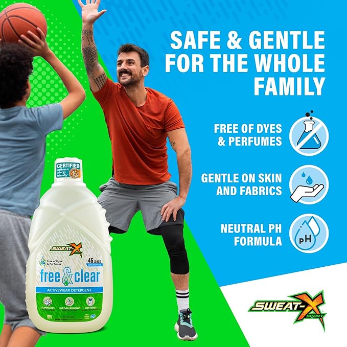 SWEAT X Free & Clear Laundry Detergent Liquid - Natural Non Toxic Laundry Detergent for Sensitive Skin - Gentle Washing Detergent for Activewear & Performance Fabrics - 45 Loads/Bottle, 4 Bottles